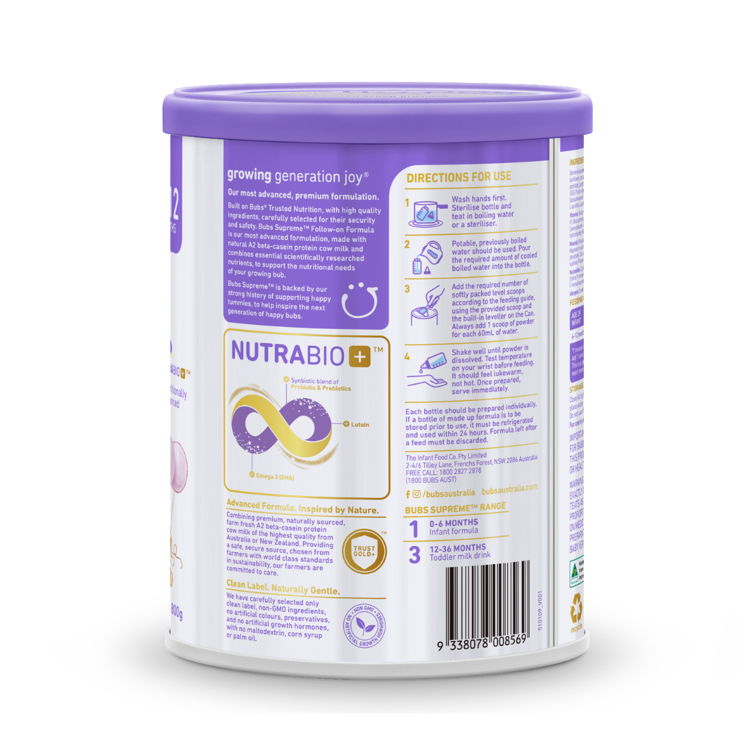 Sản phẩm dinh dưỡng công thức dành cho trẻ từ 6-12 tháng tuổi: Bubs Supreme Follow-On Formula 2