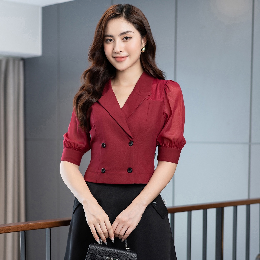 Áo Sơ Mi Nữ Công Sở Cổ Vest UK Fashion Tay Lỡ Giao Cúc Phối Tơ Ánh, Chất Liệu Nhập Hàn Mềm Mịn NKSM2112016