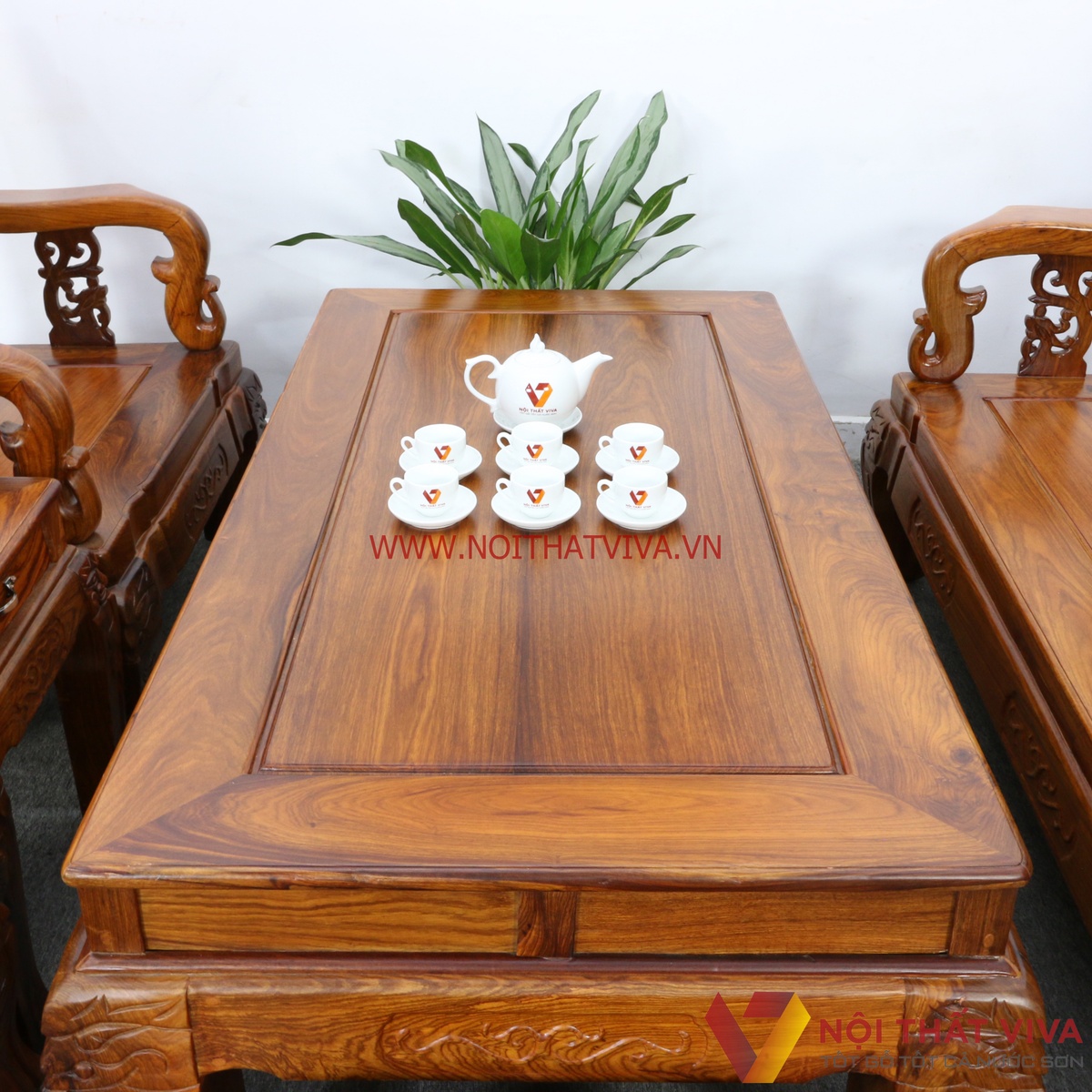 Bộ Bàn Ghế Salon Gỗ Hương Vân Tay 14 Chạm Đào 6 Món Cao Cấp