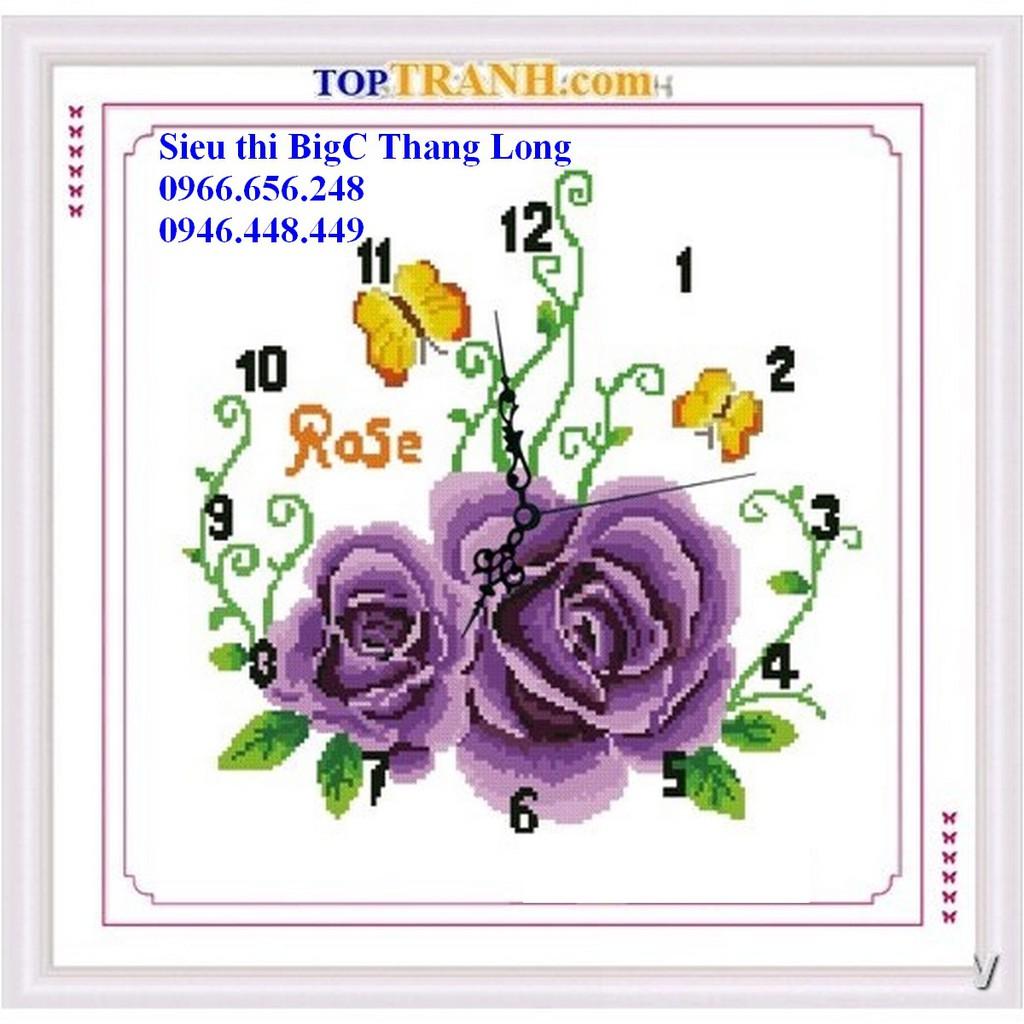 tranh thêu chữ thập đồng hồ hoa hồng tím A1105 (chưa thêu)
