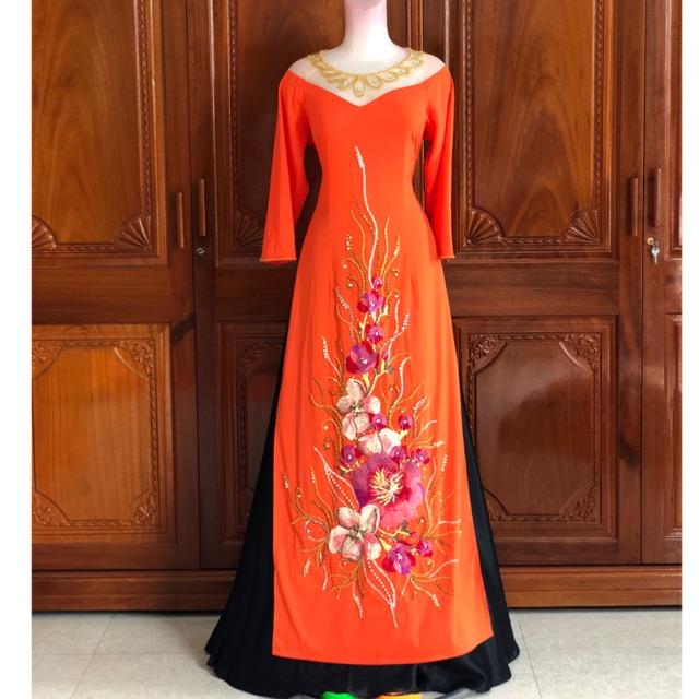 ÁO DÀI ĐÍNH KẾT HOA LAN CAM