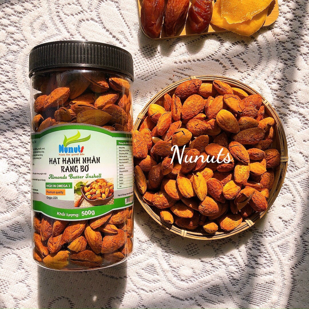 Hạt hạnh nhân rang bơ Mỹ còn vỏ mỏng Nunuts, vị béo béo giòn giòn,thơm ngon khó quên, món ăn vặt yêu thích của mọi người.