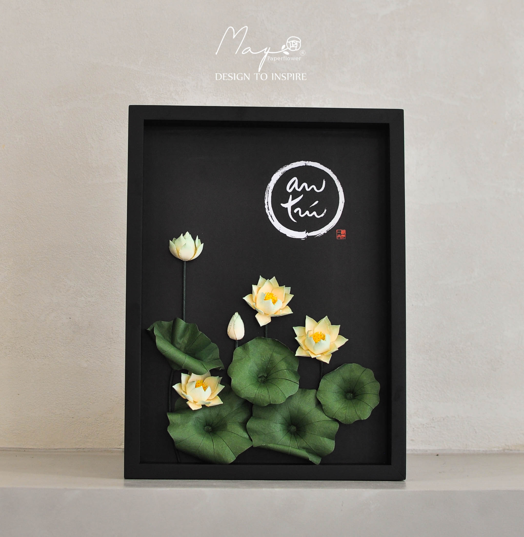 Tranh hoa giấy handmade trang trí cao cấp VIETNAM LOTUS &quot;An Trú&quot; 30x40cm - Maypaperflower Hoa giấy nghệ thuật