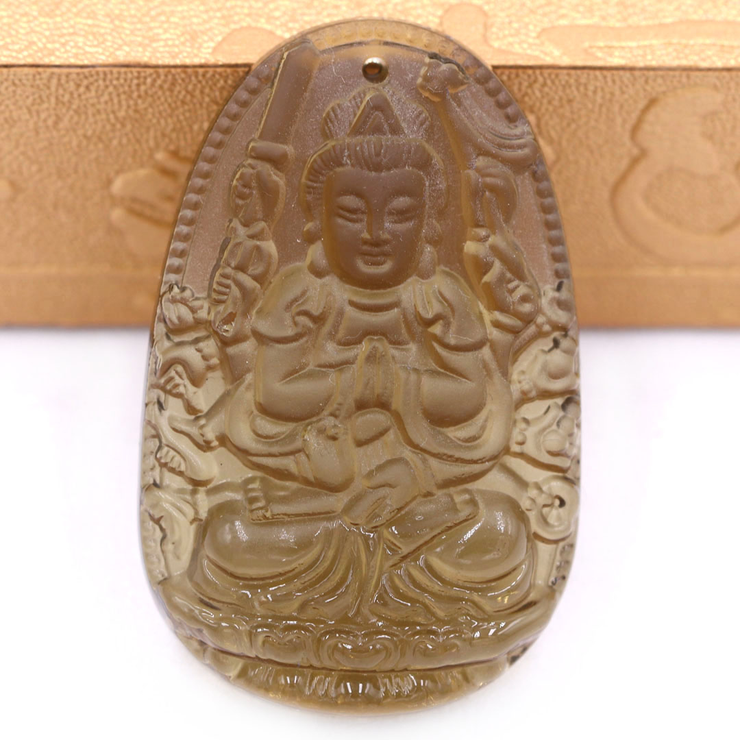 Mặt Phật Quan âm nghìn tay nghìn mắt đá obsidian  1.9cm x 3cm  kèm vòng cổ dây cao su nâu + móc inox vàng, Mặt Phật Quan âm