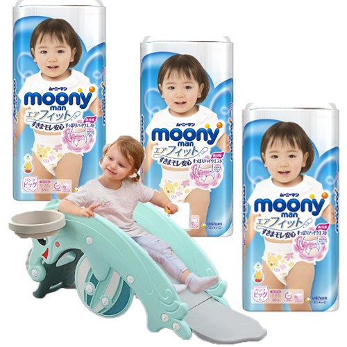 Combo 3 gói tã quần Moony cao cấp size XL38 BÉ GÁI tặng cầu trượt kiêm bập bênh và đồ