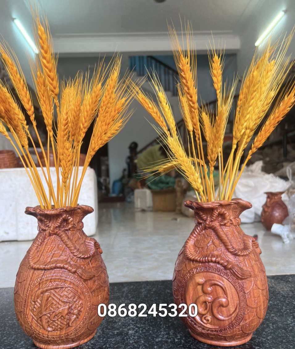 CẶP Lọ kim tiền cắm nhang ,hoa khắc chữ tài lộc bằng gỗ hương đá kt cao 20×12×12cm