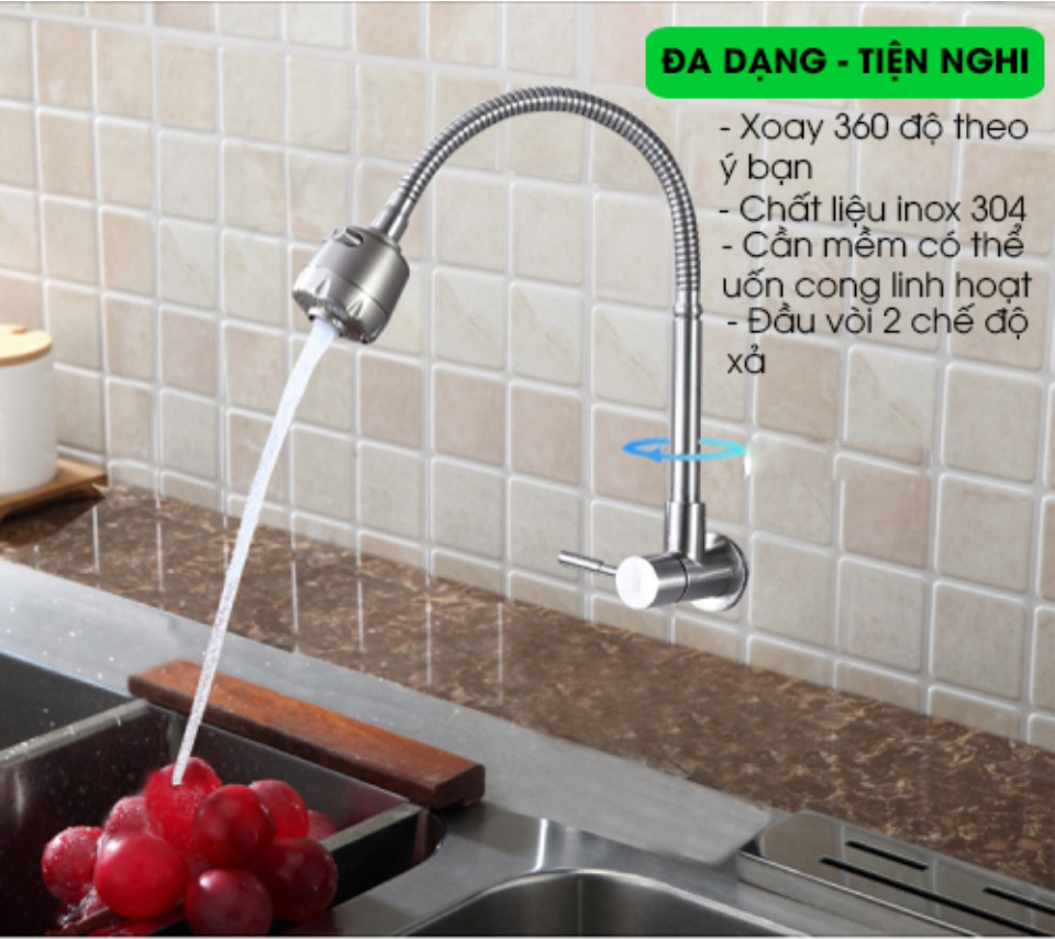 Vòi rửa chén bát đơn lạnh cắm tường inox 304 xoay 360 độ (vòi bếp, vòi rửa bát )