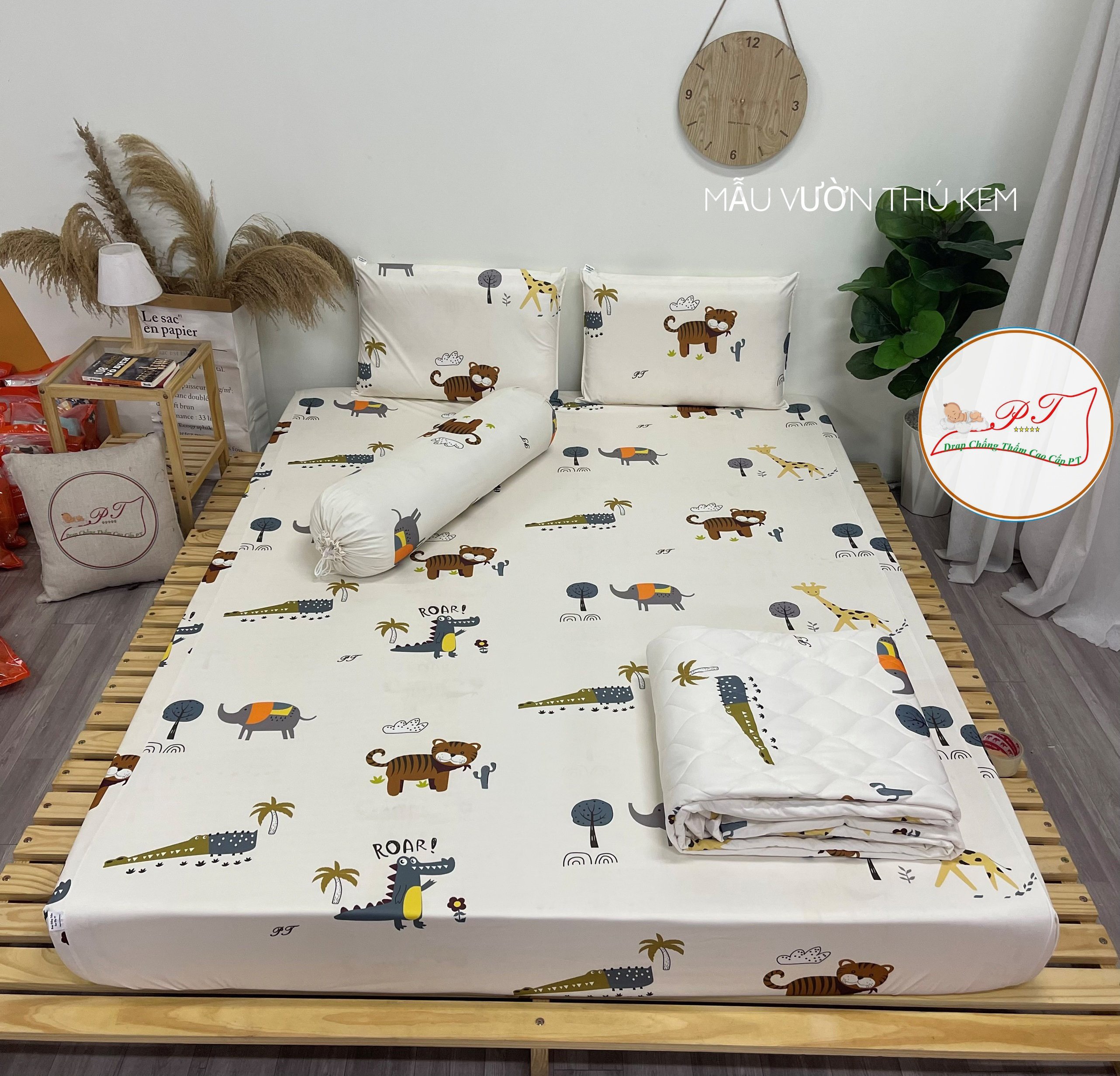 Drap Chống Thấm PT Họa Tiết Vườn Thú Kem