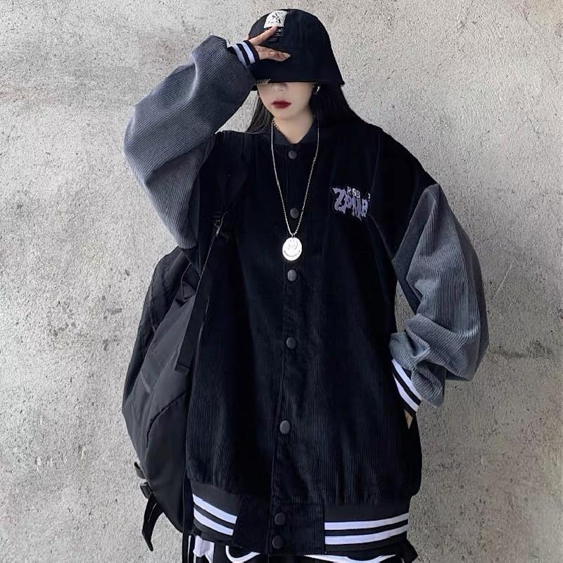 Áo Khoác Bóng Chày Bomber Unisex Mã ZOMBE Chất Nhung Tăm Màu Đen Phối Tay Xám Full Size Dưới 75kg