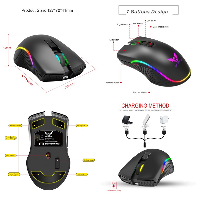 Chuột Không Dây Pin sạc T26 Gaming Mouse Type C - hàng nhập khẩu