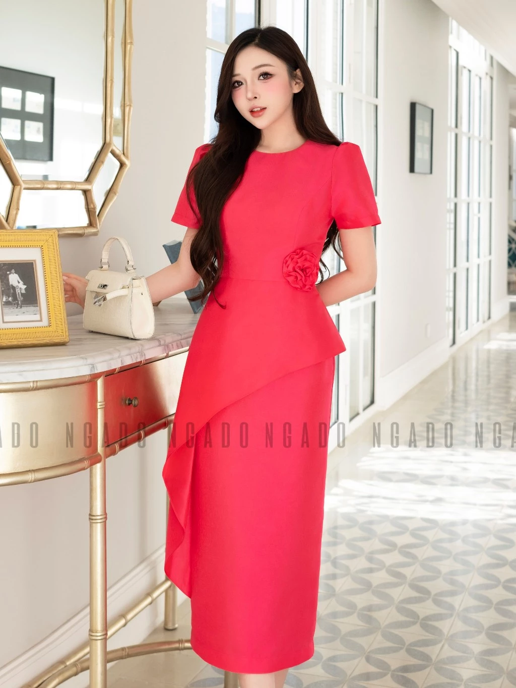 Đầm hồng sen tay loe NGADO , đầm bút chì , đầm dự tiệc , đầm công sở