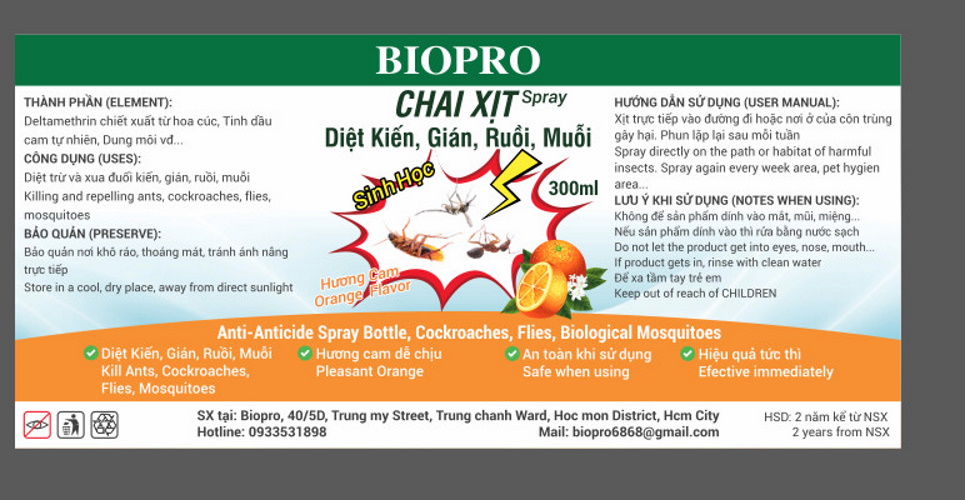 Thuốc xịt sinh học Diệt kiến Diệt gián Diệt ruồi Diệt muỗi Biopro Hương cam dịu nhẹ, an toàn, hiệu quả dài lâu