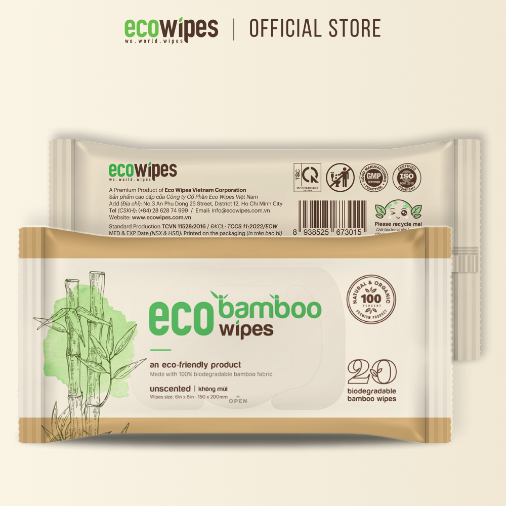 Khăn giấy ướt cao cấp EcoWipes vải sợi tre sinh thái Bamboo không mùi có thể phân hủy trong môi trường