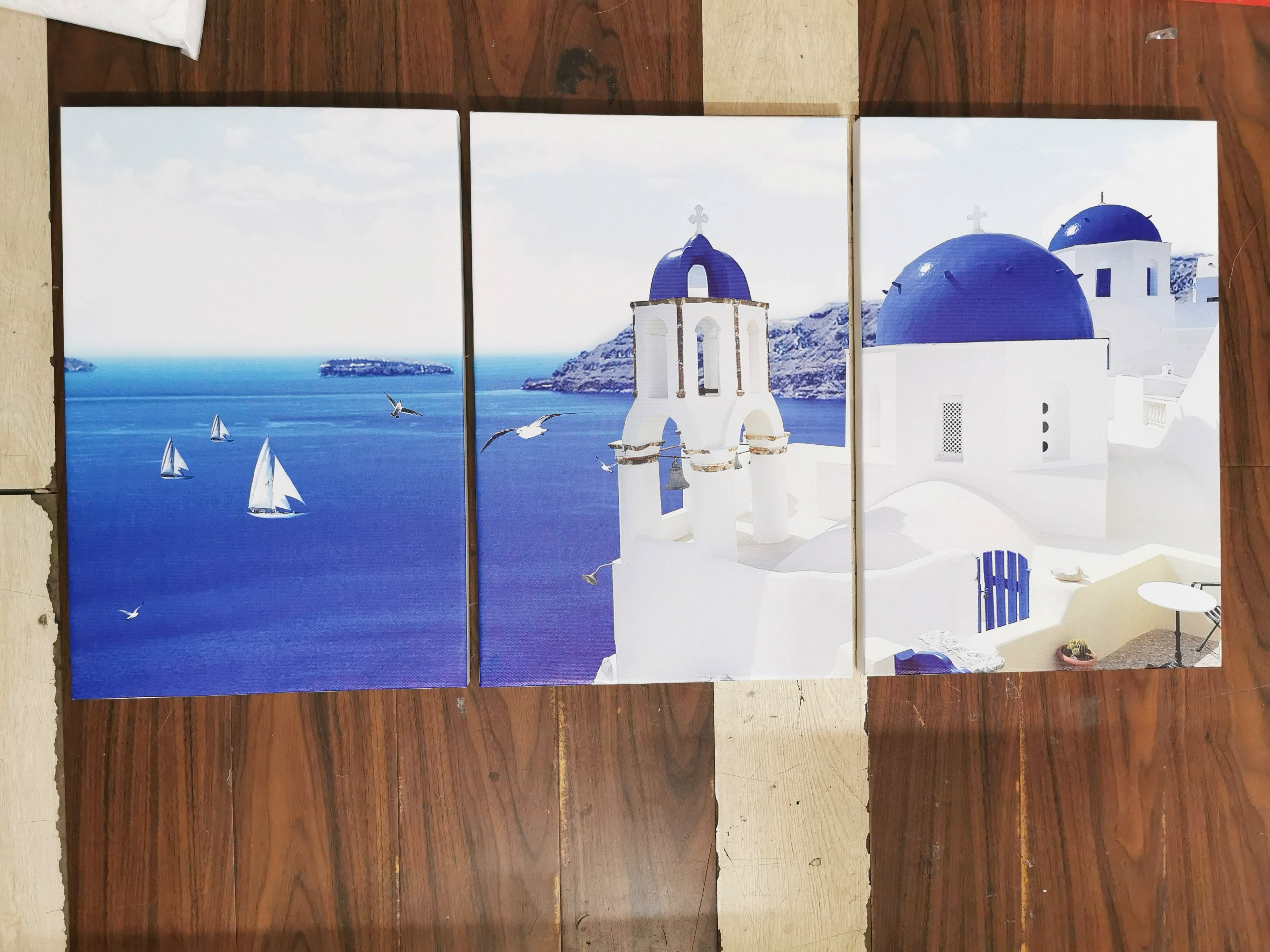 Bộ 3 tranh treo tường trên nền canvas cảnh biển Santorini Hy Lạp tuyệt đẹp trang trí phòng khách nhiều kích cỡ