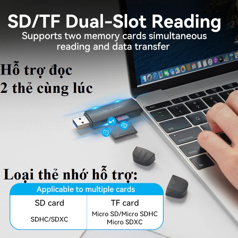 Đầu đọc thẻ SD / TF chuẩn USB3.0 hai cổng C +U Vention CLKB0 _ Hàng chính hãng