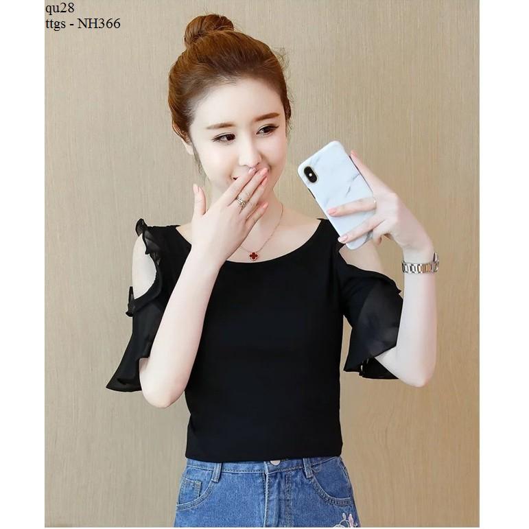 Ttgs - NH366 ÁO SƠ MI HỞ VAI PHỐI BÈO