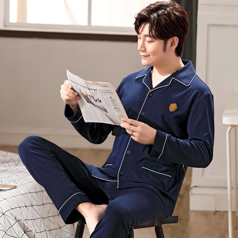 0113-Bộ Pijama nam dài tay cotton 100% màu xanh navy gọn dáng, phù hợp những ai thích đơn giản, sang trọng