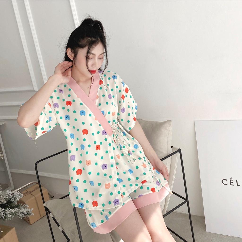 Bộ Kimono Nữ Họa Tiết Cộc Tay Set Ngủ Nữ Ngắn Tay Dây Buộc Eo 4 Màu