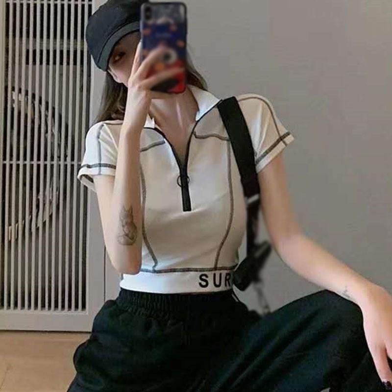 Áo Thun Dệt Kim Tay Ngắn Phối Khóa Kéo Cá Tính Dành Cho Nữ