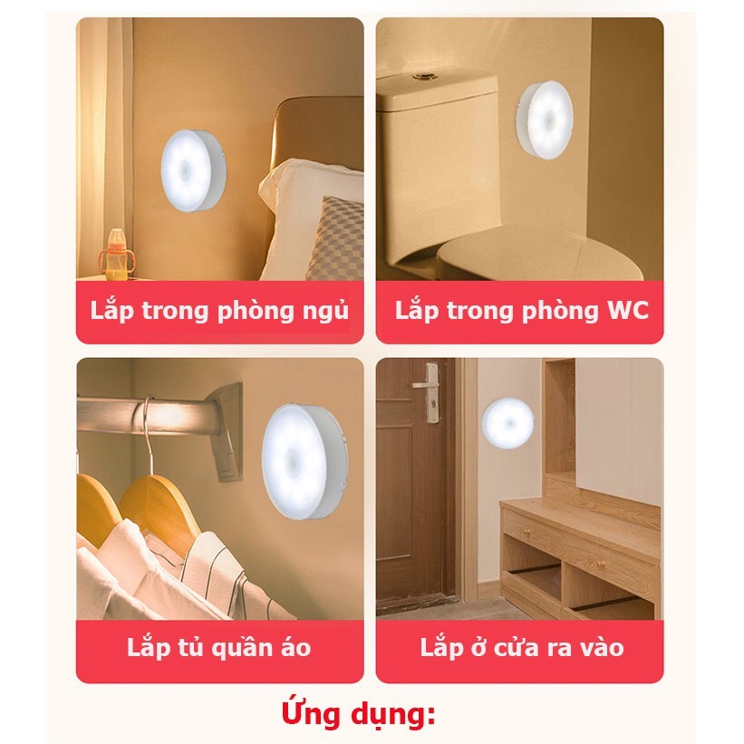 [ Tặng Sạc ] Đèn LED cảm biến thông minh, Đèn cảm biến chuyển động dáng tròn thích hợp gắn tủ quần áo,hành lang,cầu thang,phòng ngủ tự động bật khi chuyển động tự tắt khi rời khỏi khu vực cảm biến