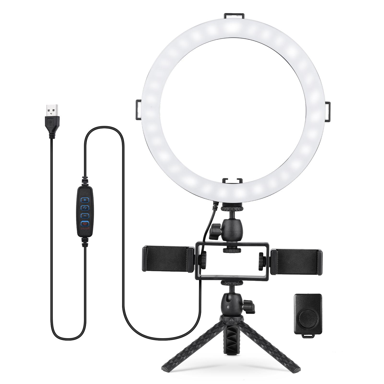 Bộ đèn LED vòng 10 inch / 26 cm 3 chế độ chiếu sáng 3000K-6500K USB có thể điều chỉnh độ sáng Được hỗ trợ với chân máy tính để bàn mini + Giá đỡ