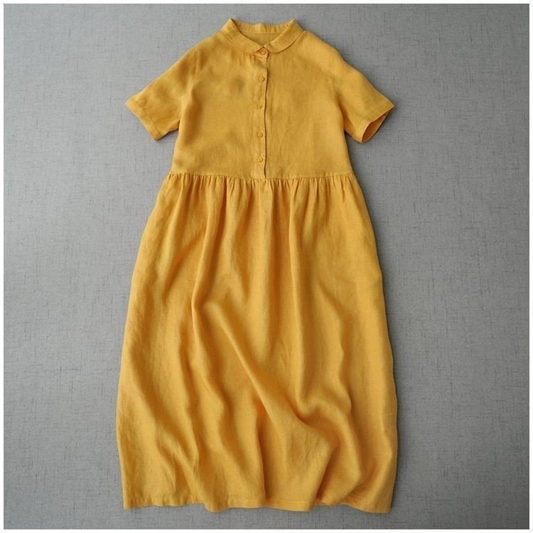 Váy đầm sơ mi suông, váy sơ mi ngắn tay form rộng chất liệu linen cao cấp mãu mới Đũi Việt DV158