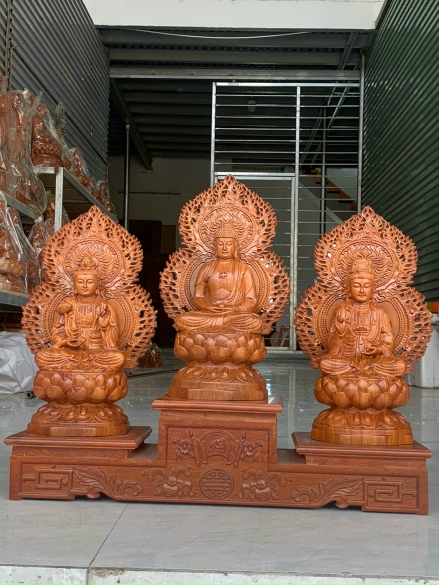 Bộ tượng phật tam thánh tây phương bằng gỗ hương đá kt cao 30×16×16cm +lá chắn hòa quang cao tổng 41×24cm