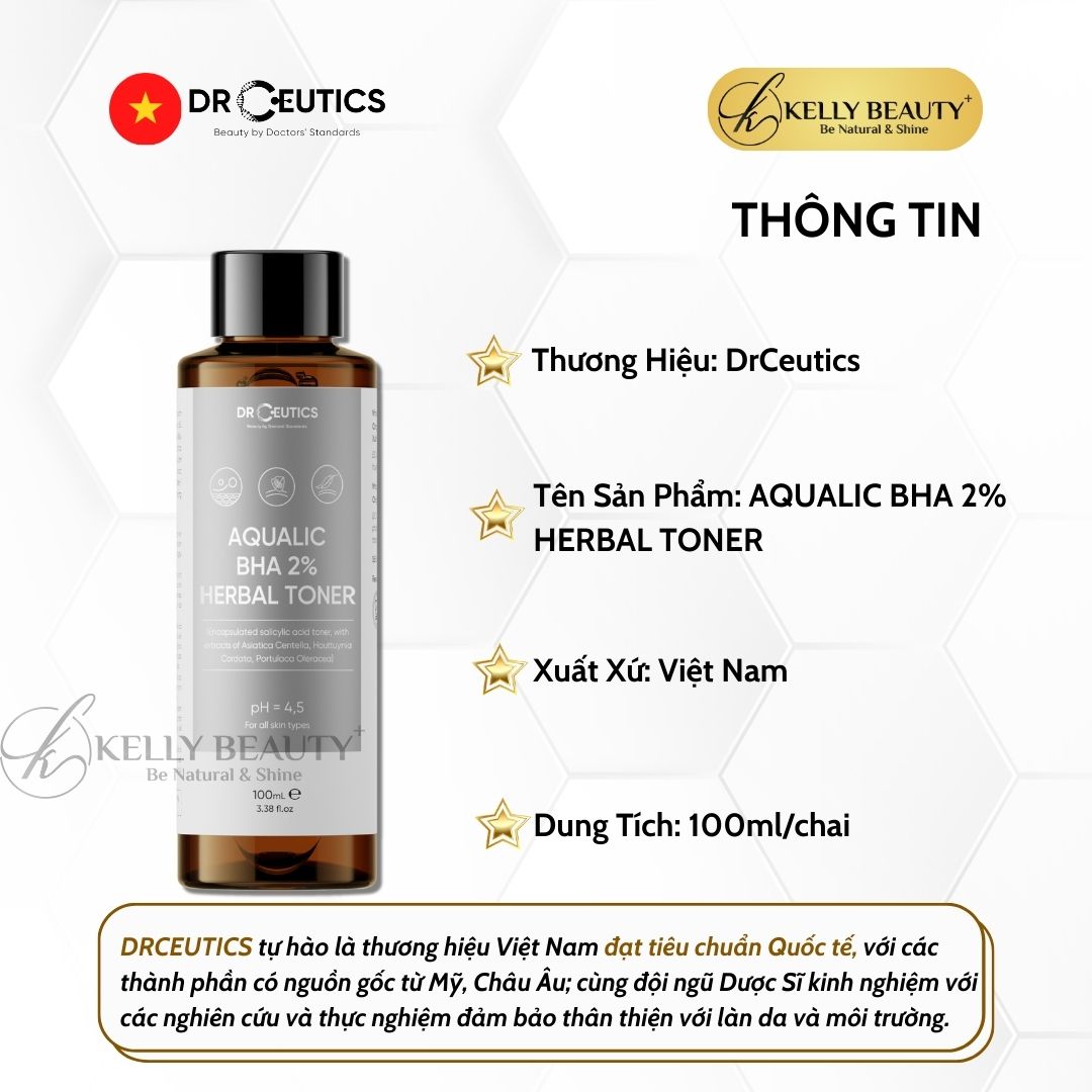 DrCeutics Aqualic BHA 2% Herbal Toner - Giảm Mụn, Ngừa Mụn Tái Phát; Da Sạch Mịn Màng | Kelly Beauty