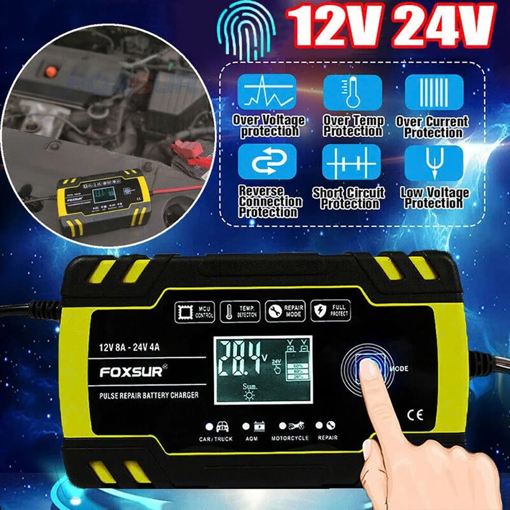 Hàng Nhật - Sạc Ắc Quy Foxsur Thông Minh 12V–24V - 150Ah - Tự Ngắt, Khử Sunfat, Phục Hồi Ắc Quy Siêu Hiệu Quả , đèn ốp trần