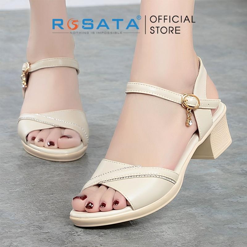 Giày sandal cao gót nữ ROSATA RO577 mũi tròn quai cài dây mảnh gót vuông cao 5cm xuất xứ Việt Nam - Đen