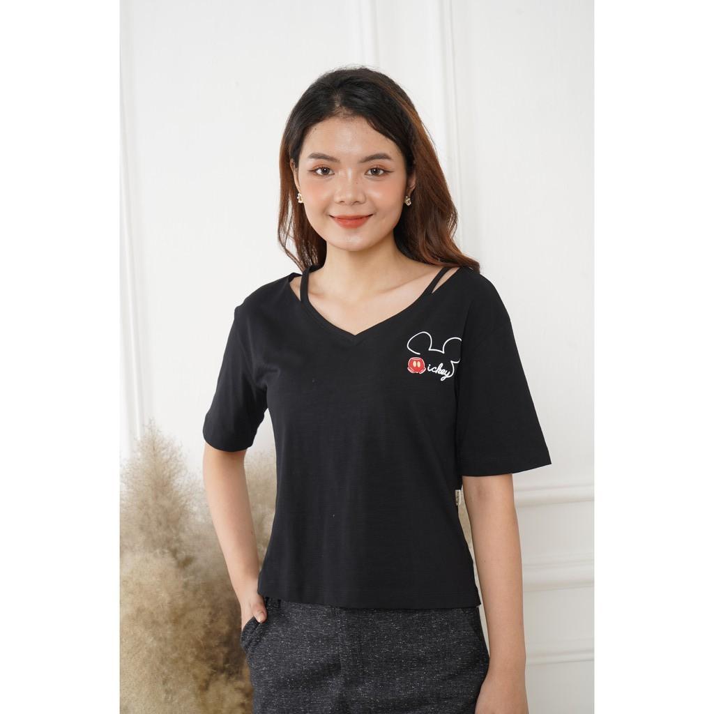 Áo thun in hình Mickey tay ngắn cổ tim dây- Sooyoung
