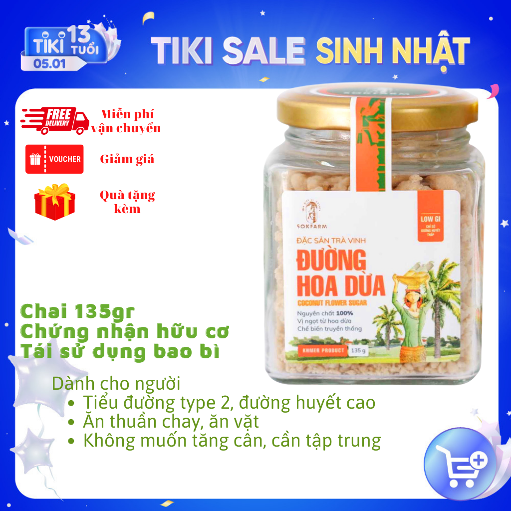 Đường hoa Dừa SOKFARM Hũ 135gr - Ngon ngọt tự nhiên, không sợ tăng cân, phù hợp với trẻ em, người đường huyết cao và tiểu đường type 2.
