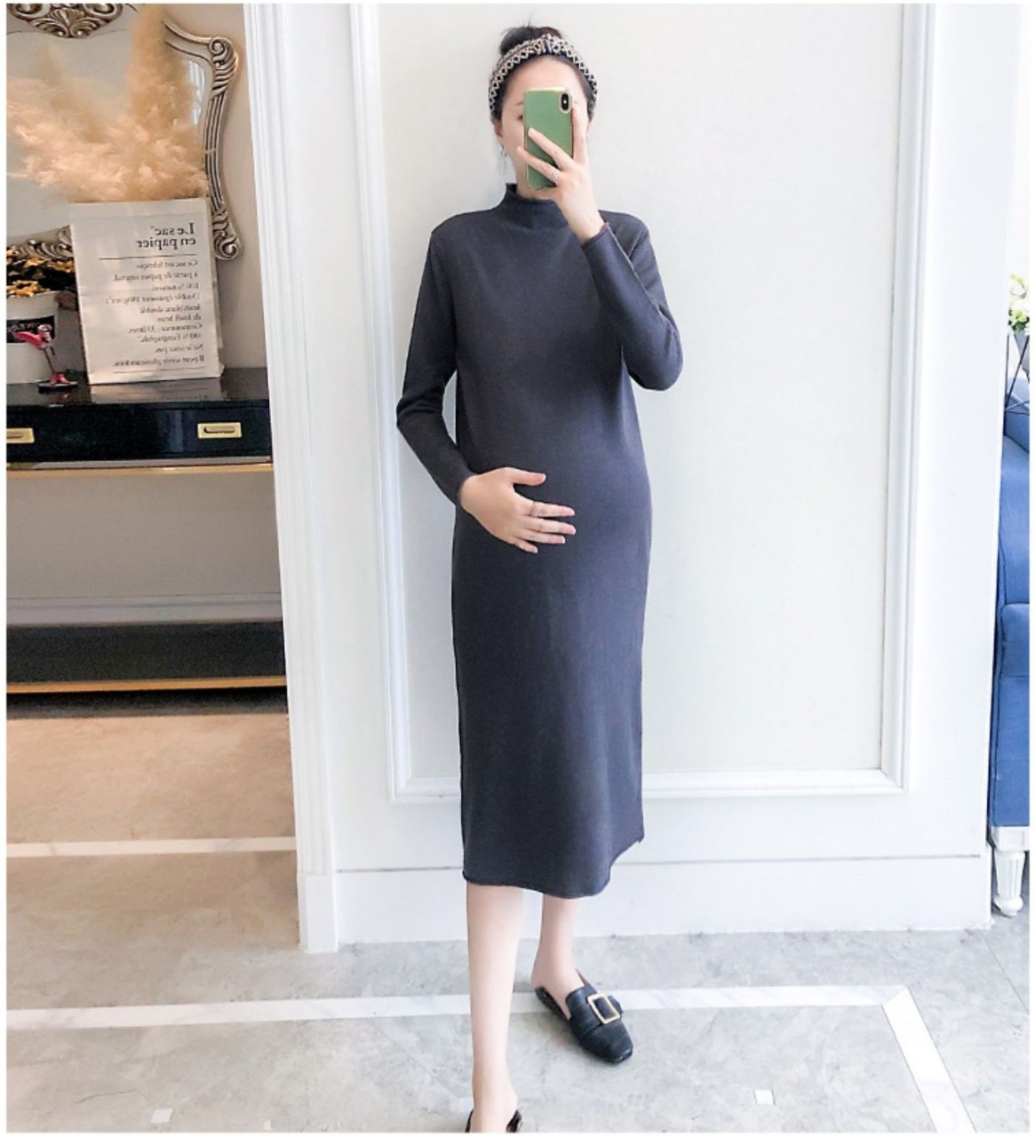 Đầm bầu len dáng dài form ôm cá tính hàng qc 0416-024