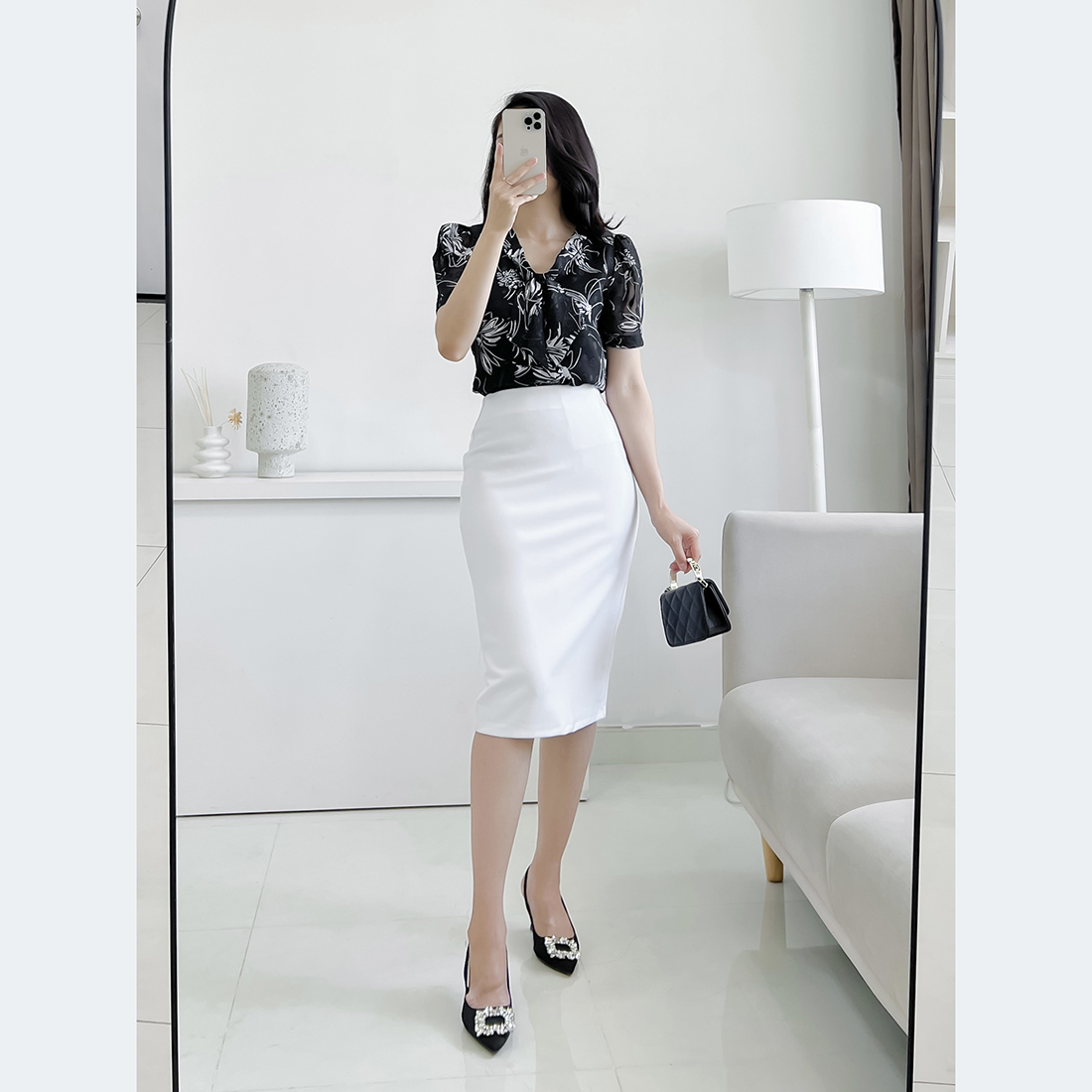 Áo kiểu công sở dáng suông nơ cổ in họa tiết hoa thời trang Eden - ASM207