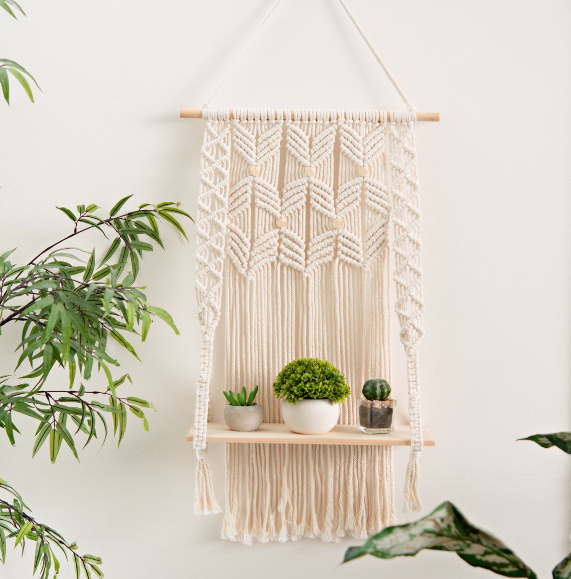 Kệ Gỗ thông Treo Tường Macrame KM01 50x85 cm - Kệ để đồ, kệ sách, trang trí tường