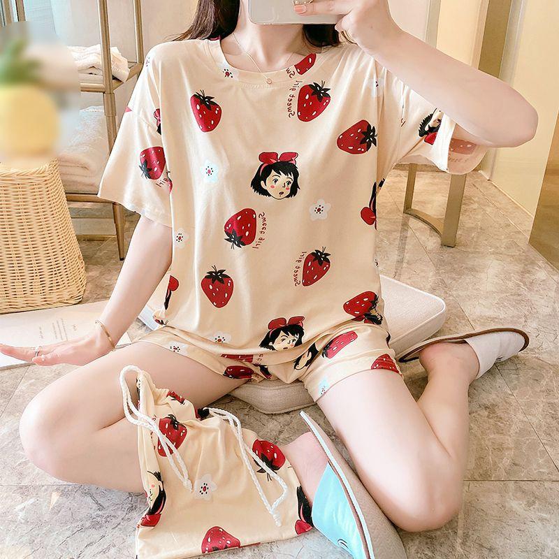 Bộ đồ ngủ ngắn tay dáng rộng in họa tiết hoạt hình xinh xắn thoải mái dành cho nữ