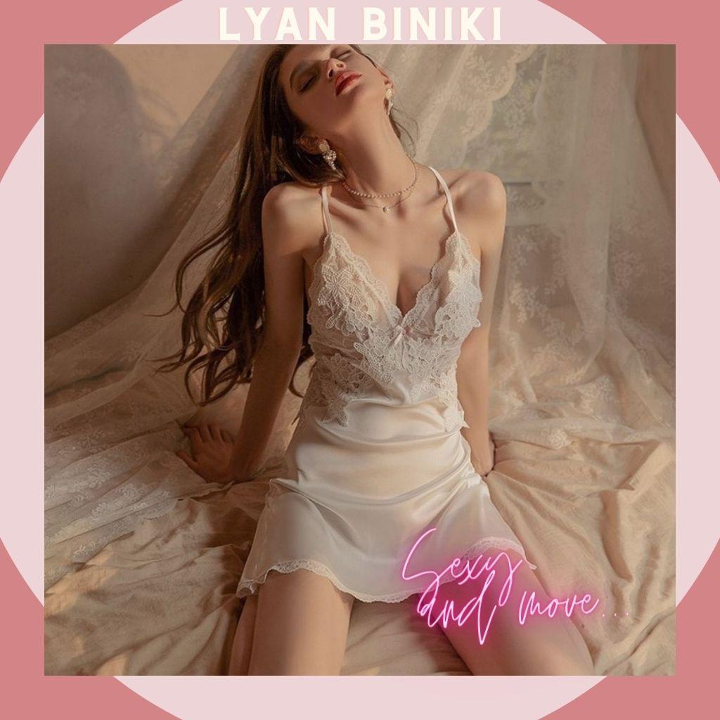Váy ngủ đầm ngủ lụa Satin 2 dây phối ren rexy gợi cảm LYAN BIKINI L006