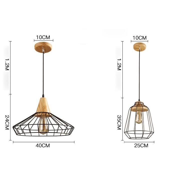 Đèn thả trang trí đuôi gỗ lồng sắt hình khối bóng led- Đèn bàn ăn phòng bếp phong cách Châu Âu