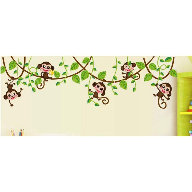 Decal dán tường Combo 2 tranh khỉ đu cây + nấm và hươu
