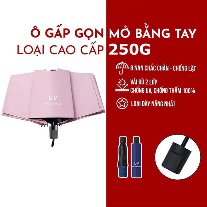 Ô dù che mưa đi nắng 2 lớp phủ chống tia UV, ô che nắng 8 nan chống tia cực tím, dù che mưa chống thấm- UV