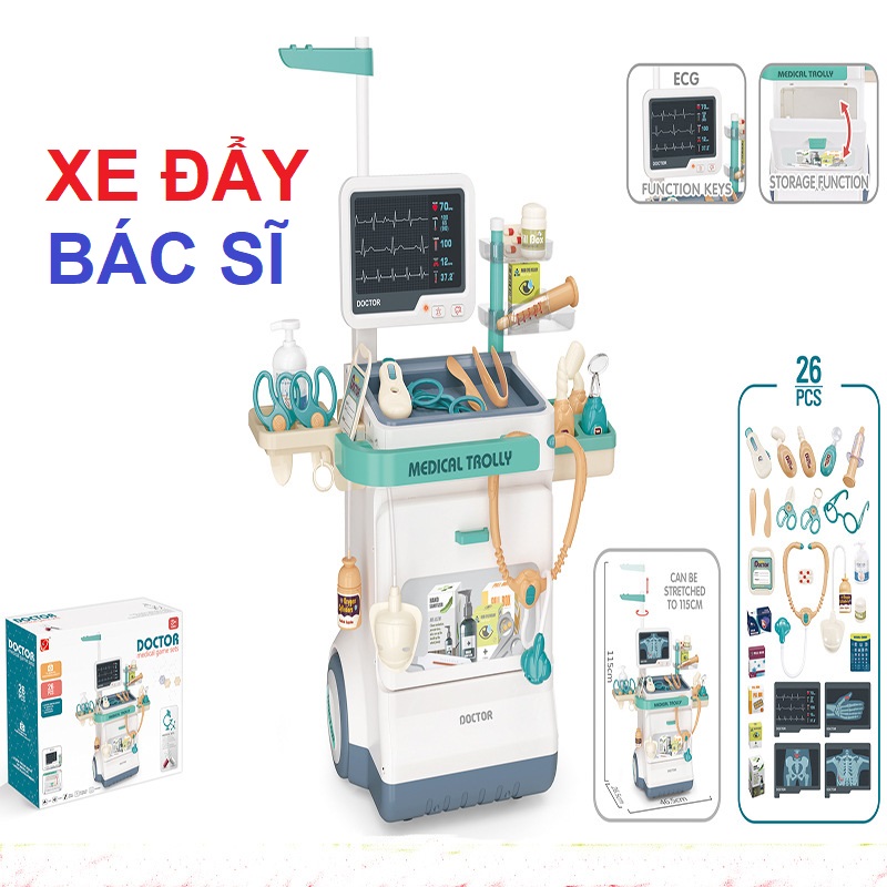 Bộ đồ chơi bác sĩ cao cấp kèm xe đẩy cỡ lớn 26 chi tiết cao 1,1m cho bé từ 3 tuổi nhập vai, quà tặng sinh nhật cho bé