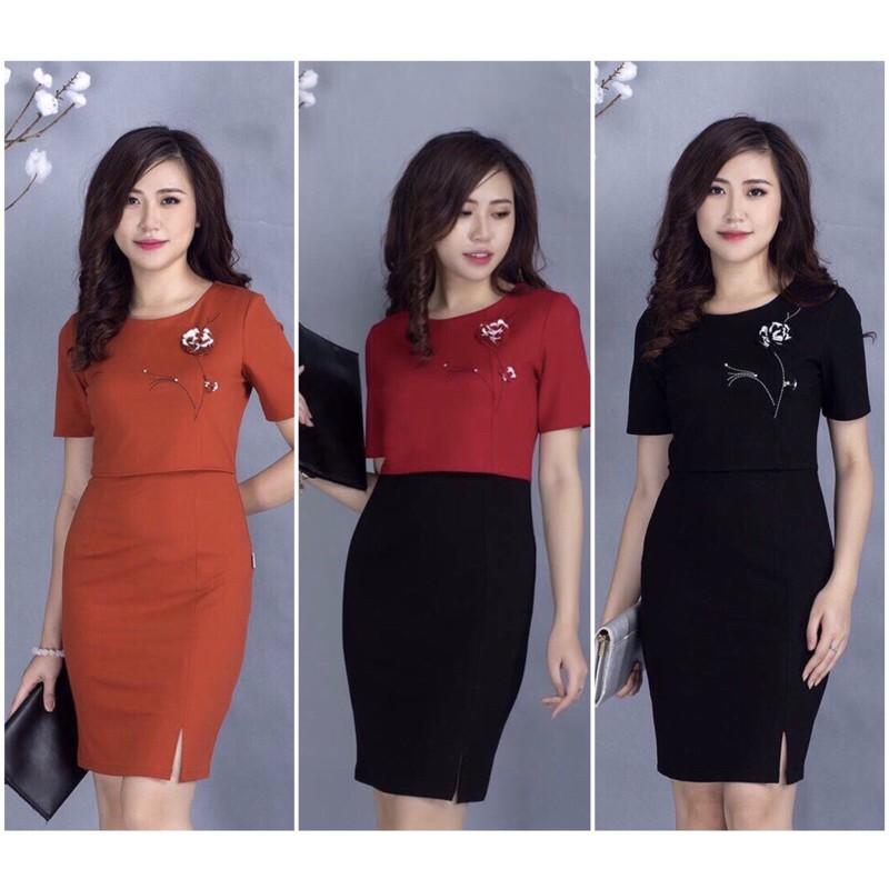 Đầm liền chân xẻ trước áo crop thêu hoa WB10 cao cấp