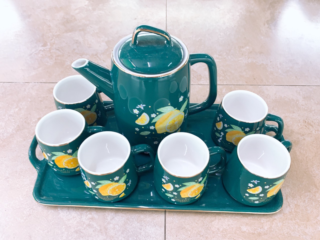 Bộ ấm chén kèm khay  sứ Tea Set pha trà cà phê màu xanh cổ vịt họa tiết  hoa quả chanh - ANTH241