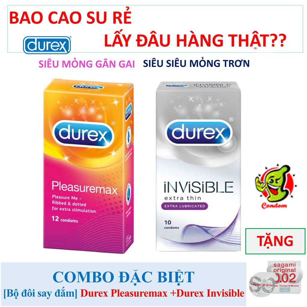 Combo 12 Bao cao su Durex gân gai Pleasuremax + 10 bao cao su siêu mỏng Durex Invisible + Tặng 01 BCS SAGAMI SIÊU MỎNG NHẤT THẾ GIỚI 0.02mm (Che tên sản phẩm)