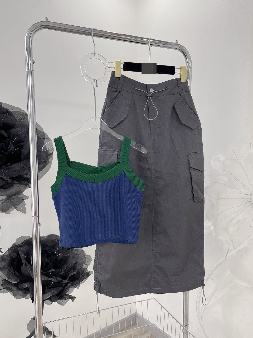 SET CHÂN VÁY DÀI TÚI HỘP LƯNG CAO DÂY RÚT + ÁO THUN CROPTOP DÂY DẠO PHỐ DỰ TIỆC ĐI CHƠI