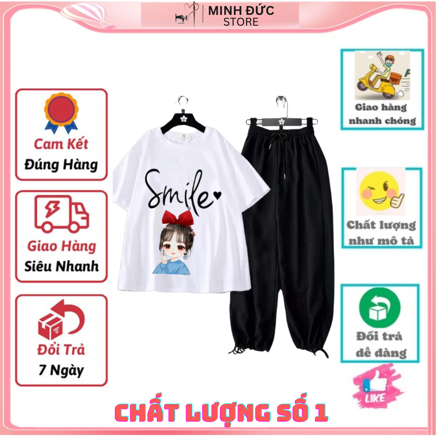 Sét Bộ Nữ, SS04 Sét Đồ Nữ Đi Chơi Đẹp In Hình Nụ Cười Cô Gái Dễ Thương, Sét Áo Vải Cotton, Và Quần Cá Tính