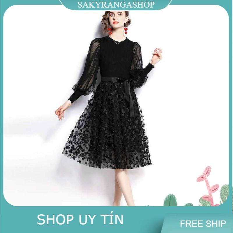HÀNG NHẬP - ĐẦM LEN CHÂN LƯỚI HOA NỔI MÀU ĐEN