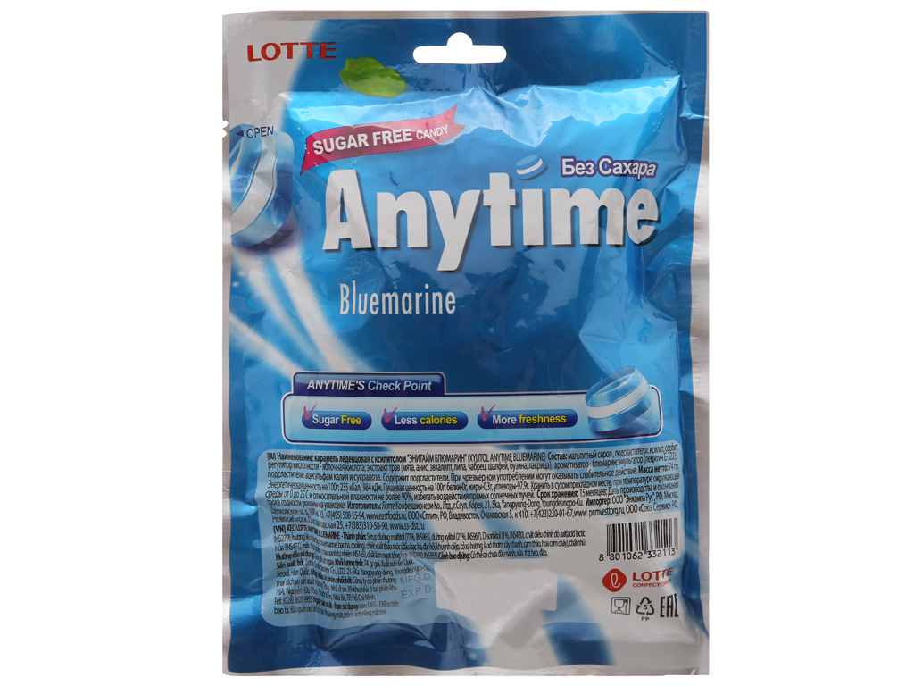 Kẹo Ngậm Không Đường Hương Bạc Hà Anytime Bluemarine gói 74G