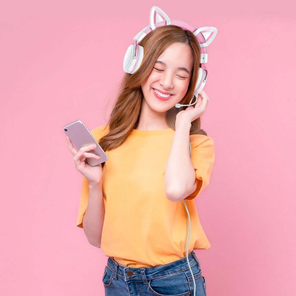 Tai nghe chơi game âm thanh nổi ONIKUMA X10 màu hồng trắng với micrô tai mèo RGB, có sẵn máy tính PC