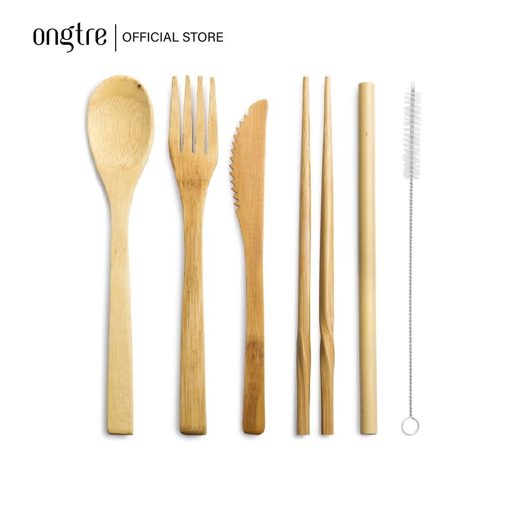 Set 7 món Tre (dao, muỗng, nĩa, đũa, cọ rửa, túi vải) du lịch tiện lợi (Bamboo Travel Utensil Pouch) | ongtre (Vietnam)